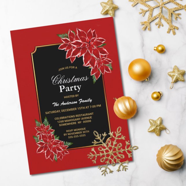 Invitación Navidades de Poinsettia Fiesta Rojo Borde Negro (Subido por el creador)