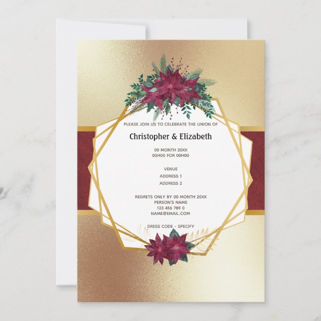 Invitación Navidades de Poinsettia flor oro boda de Borgoña (Anverso)