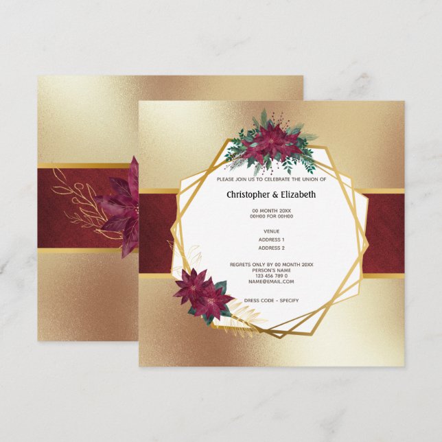 Invitación Navidades de Poinsettia flor oro boda de Borgoña (Anverso / Reverso)