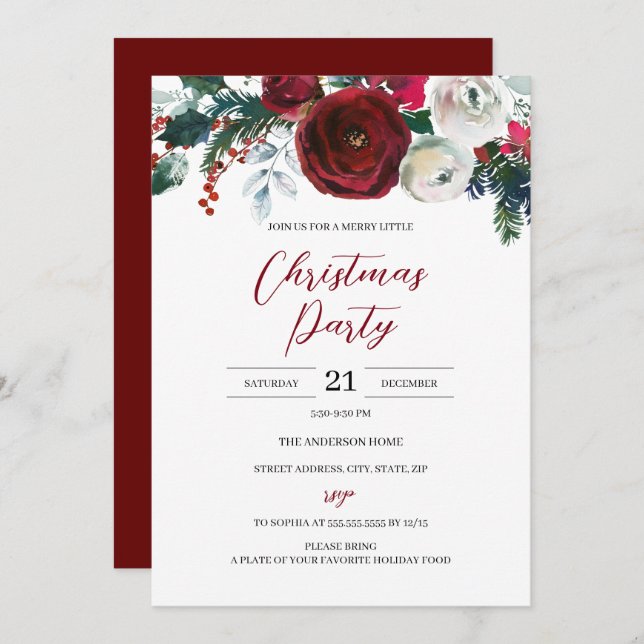 Invitación Navidades de presupuesto Fiesta blanco rojo floral (Anverso / Reverso)
