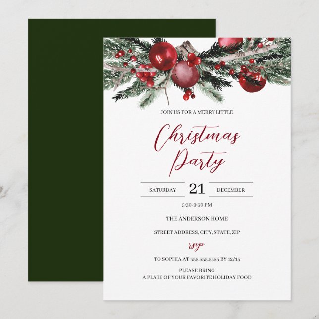 Invitación Navidades de presupuesto Fiesta floral verde rojo (Anverso / Reverso)