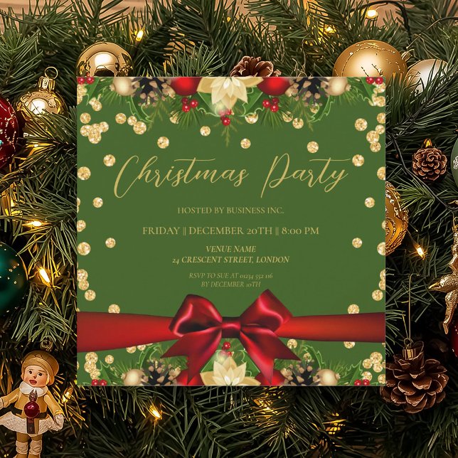 Invitación Navidades de Purpurina de Cinta Verde Gold Corpora (Gold Green Ribbon Glitter Christmas Corporate Invitation)
