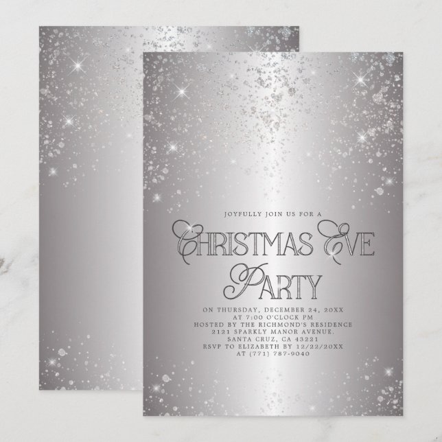 Invitación Navidades de Purpurina de plata metálica Eve Fiest (Anverso / Reverso)