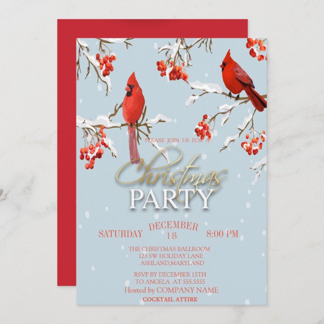 Invitación Navidades de ramas de árbol del cardenal rojo (Anverso / Reverso)