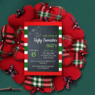 Invitación Navidades de rayas rojas y verdes suaves y feas