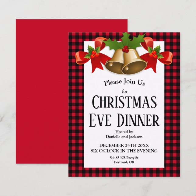 Invitación Navidades de Red Buffalo Plaid cenan (Anverso / Reverso)