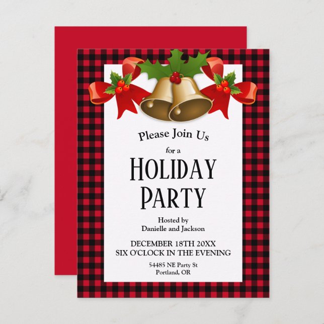 Invitación Navidades de Red Buffalo Plaid Holly Belly (Anverso / Reverso)