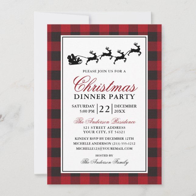 Invitación Navidades de Red Plaid cenan reno Fiesta (Anverso)