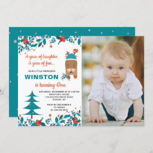 Invitación Navidades de reno azul lindo foto de cumpleaños