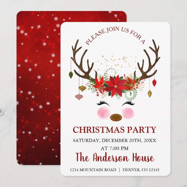 Invitación Navidades de reno lindo Fiesta de cena de vacacion (Anverso / Reverso)