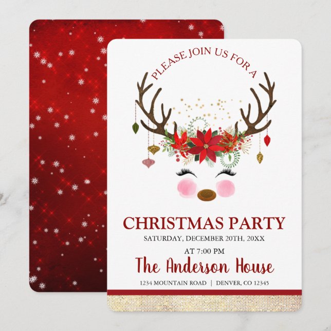 Invitación Navidades de reno lindo Fiesta de cena de vacacion (Anverso / Reverso)