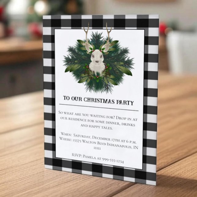 Invitación Navidades de renos festivos de búfalo (Buffalo Plaid Festive Reindeer Christmas Party Invitation)