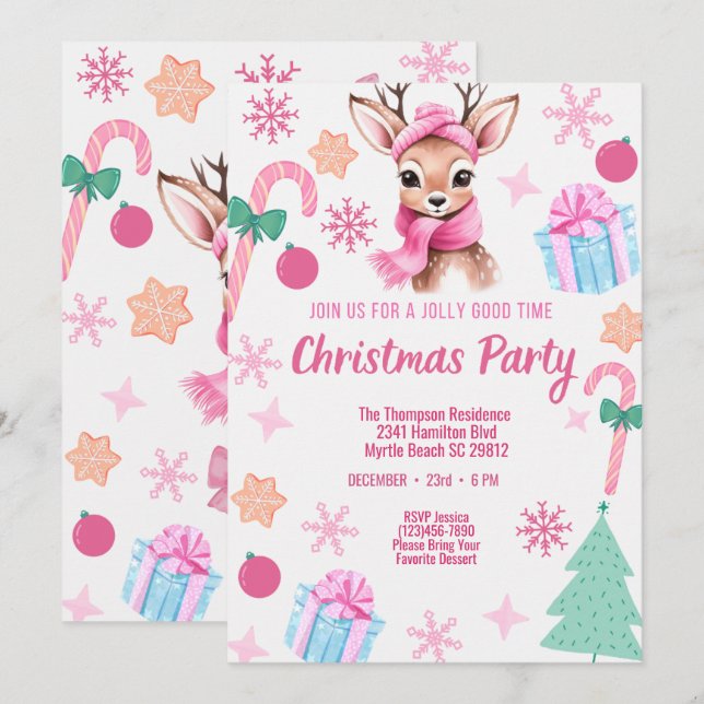 Invitación Navidades de renos Fiesta Rosa (Anverso / Reverso)