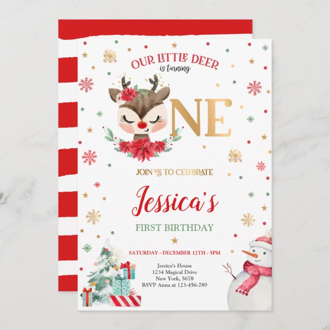 Invitación Navidades de renos primer cumpleaños venado rojo d (Anverso / Reverso)