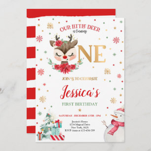 Invitación Navidades de renos primer cumpleaños venado rojo d