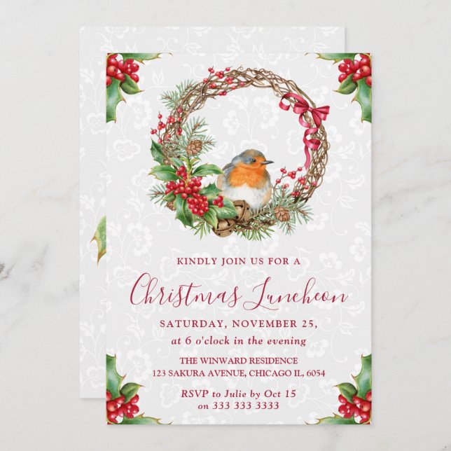 Invitación Navidades de Robin y Holly Berry Wreath Luncheon (Anverso / Reverso)
