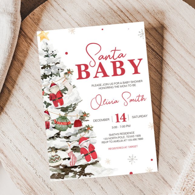 Invitación Navidades de ropa de bebé de Santa Claus Baby Show (Santa Baby Christmas Baby Shower Invitation)