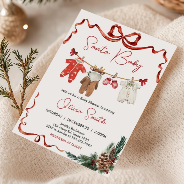 Invitación Navidades de ropa de bebé de Santa Claus Baby Show (Santa Baby Christmas Clothes Baby Shower Invitation)