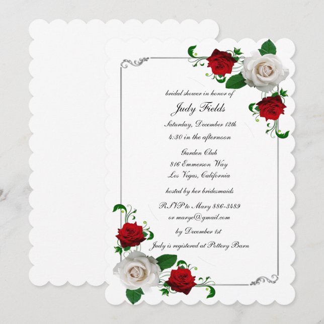 Invitación Navidades de rosas rojas y blancas Boda ducha de n (Anverso / Reverso)