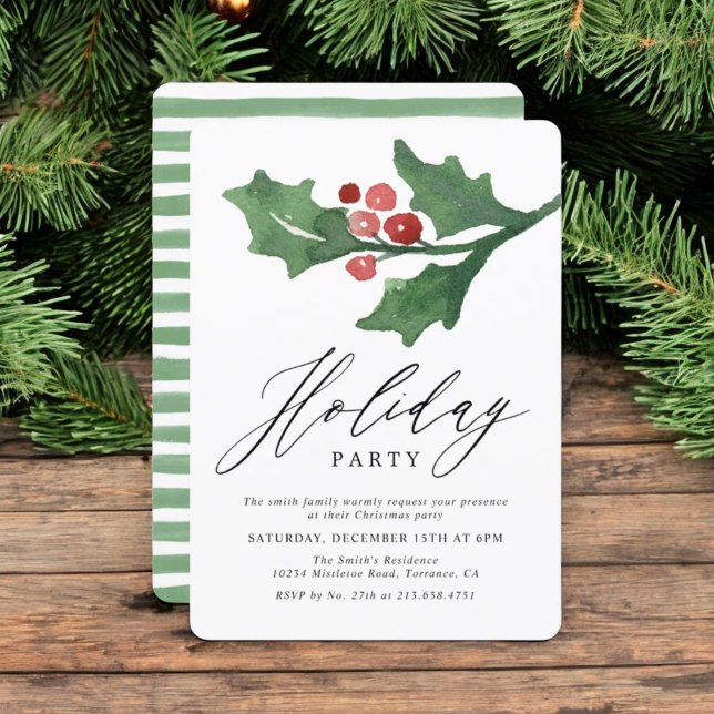Invitación Navidades de Rustic Watercolor Holly | Fiesta de v (Subido por el creador)