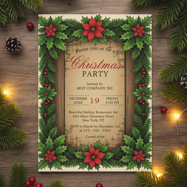Invitación Navidades de Rustic Wood Poinsettia Holly Wreath (Subido por el creador)