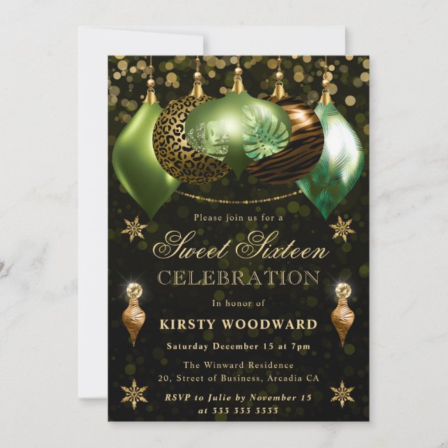 Invitación Navidades de Safari Wildlife Baubles Dulce 16 (Anverso)
