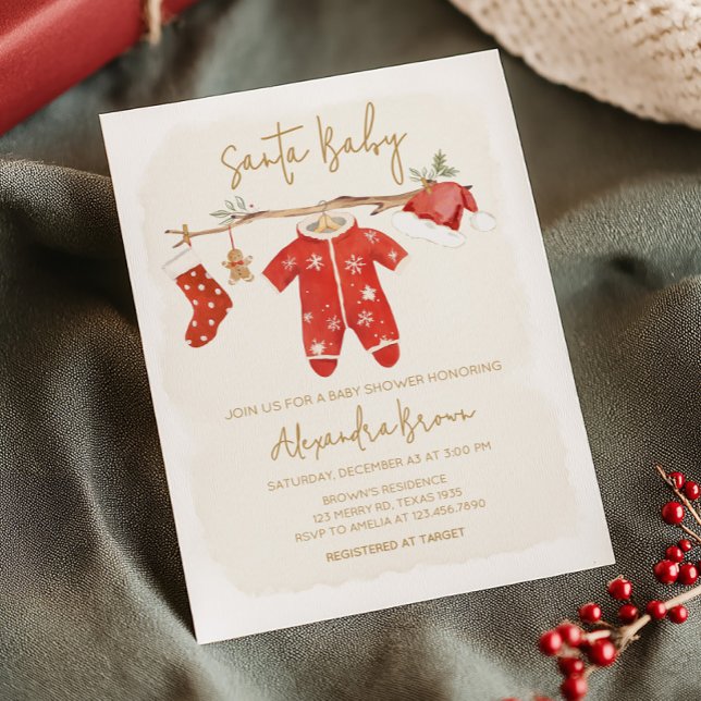 Invitación Navidades de Santa Bebé Baby Shower (Santa Baby Clothesline Christmas Baby Shower Invitation)