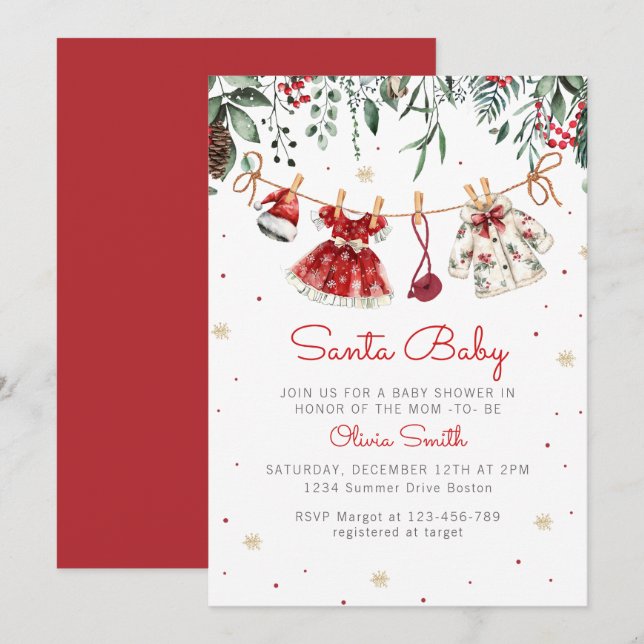 Invitación Navidades de Santa Bebé Chica Ropa Baby Shower (Anverso / Reverso)