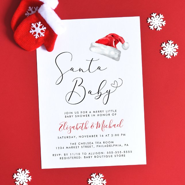 Invitación Navidades de Santa Bebé Parejas Baby Shower (Celebrate your little Santa Baby's upcoming arrival with a cute holiday season couples baby shower)