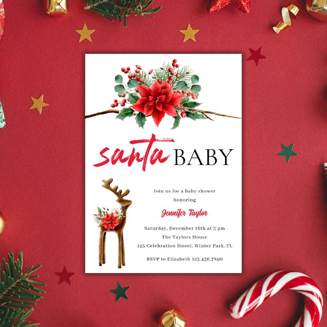 Invitación Navidades de Santa Bebé Rojo Blancos Tema Baby Sho (Greenery Red Santa Baby Christmas Baby Shower Invitation)