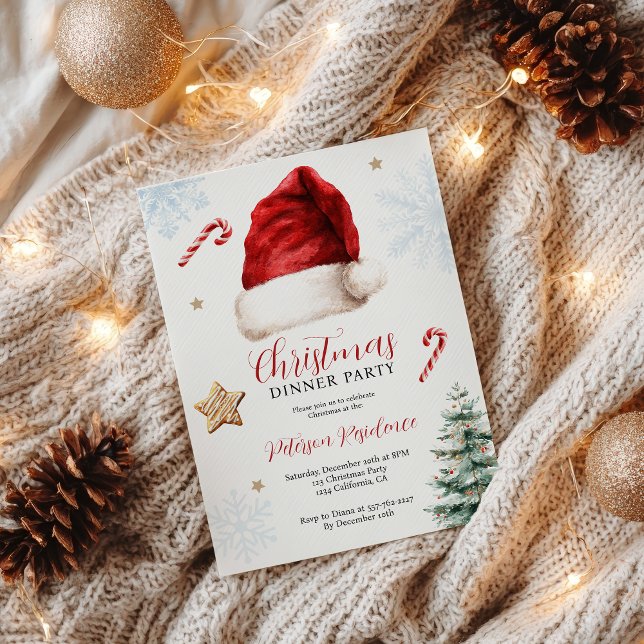 Invitación Navidades de Santa Hat extravagantes Fiesta de cen (Fun Whimsical Santa Hat Christmas Dinner Party Invitation)