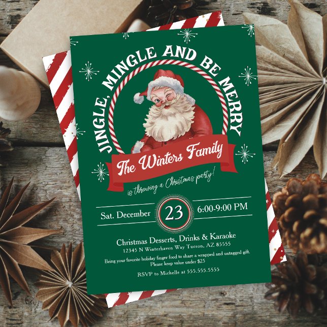 Invitación Navidades de Santa Jingle y mingle de época festiv (festive Christmas party invitation for cocktail dinner party with santa candy cane and green)