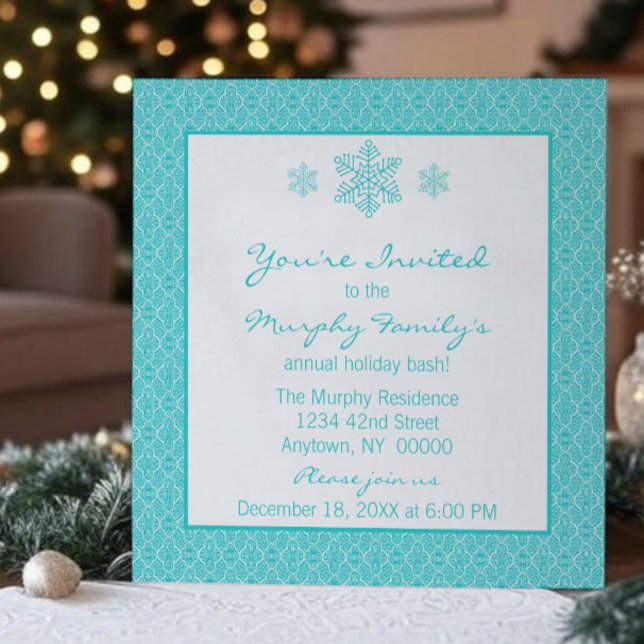 Invitación Navidades de Snowflakes Damask Classic | Turquesa (Teal Simply Classic Damask Snowflakes Christmas Party Invitation)