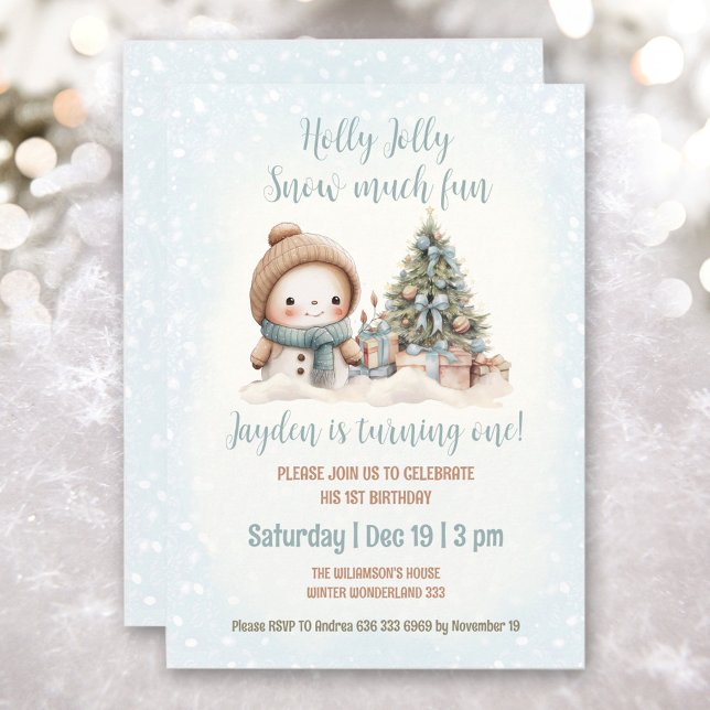 Invitación Navidades de Snowman Blue Vintage (Blue Vintage Snowman Boy Christmas 1st Birthday Invitation)