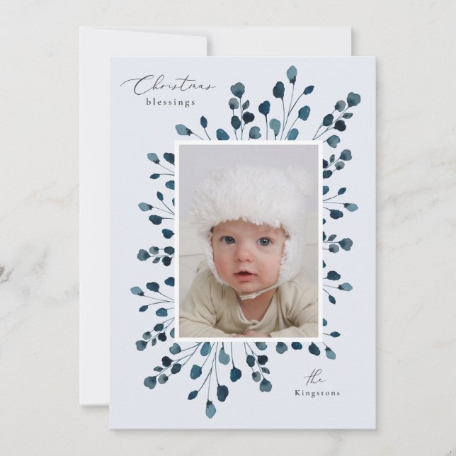 Invitación Navidades de spray floral acuarela foto personaliz (Anverso)