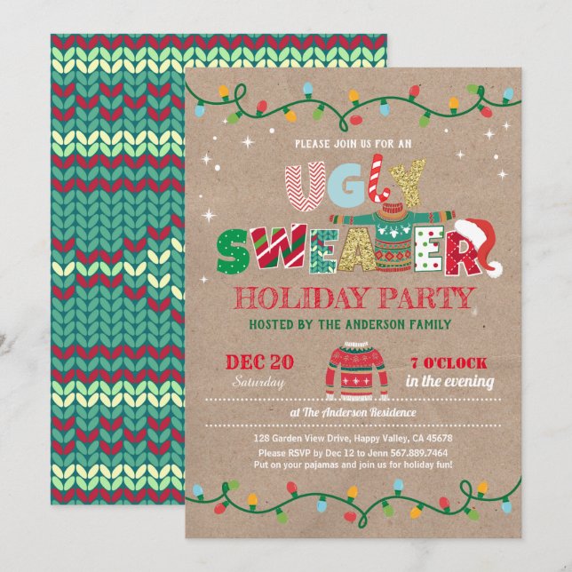 Invitación Navidades de suéter feo fiesta de vacaciones rústi (Anverso / Reverso)
