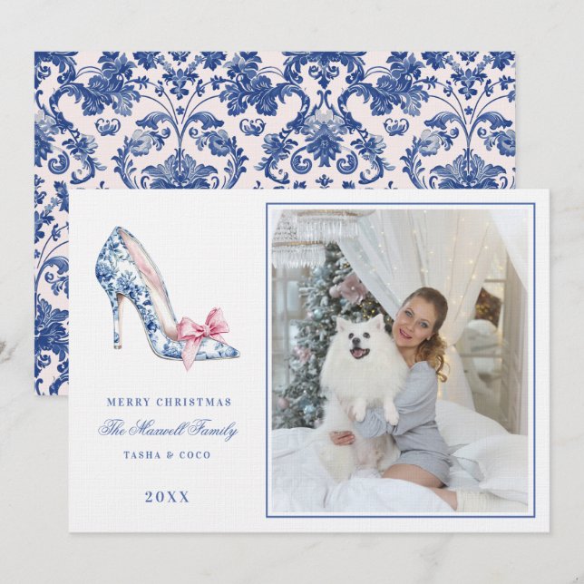 Invitación Navidades de tacones altos rosados y azules (Anverso / Reverso)