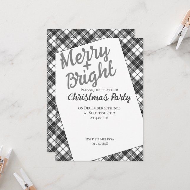 Invitación Navidades de Tartán Fiesta Merry Bright (Anverso/Reverso In Situ)