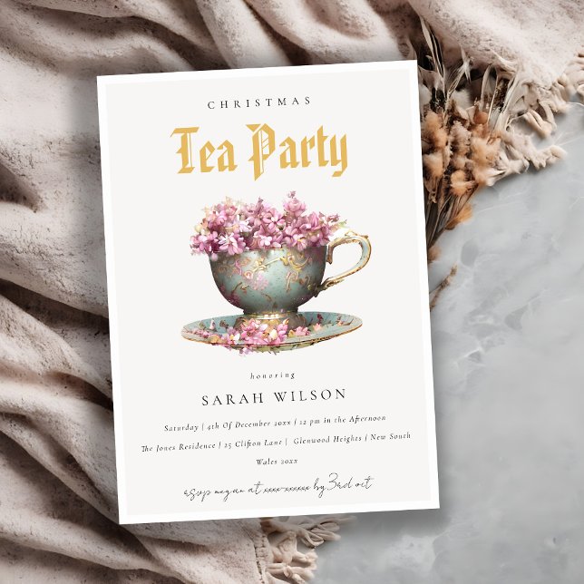 Invitación Navidades de té con floral dorada rosada Verde azu (Subido por el creador)
