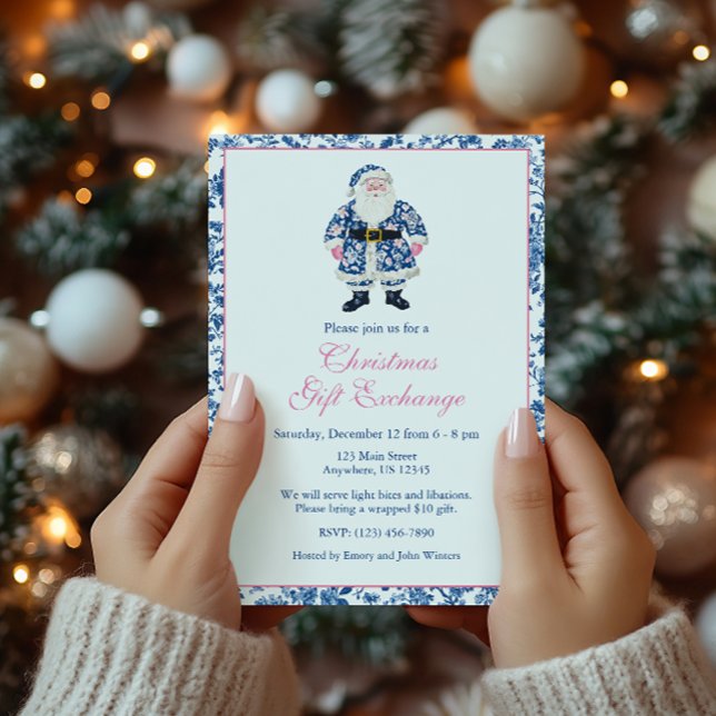 Invitación Navidades de toile de Chinoiserie azul y rosa Sant (Subido por el creador)