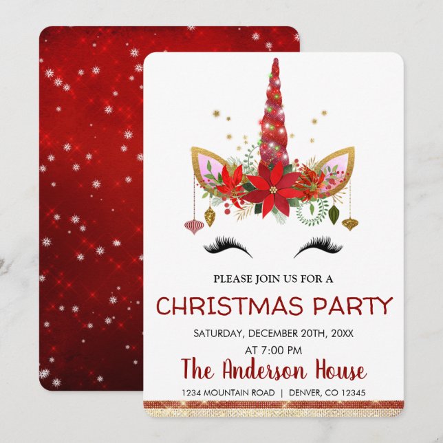 Invitación Navidades de unicornio cutáneo Fiesta (Anverso / Reverso)