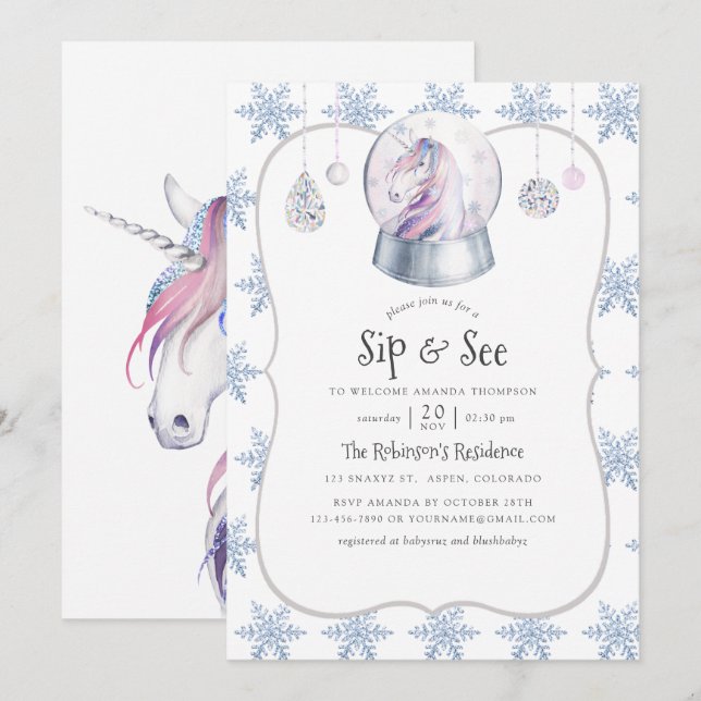 Invitación Navidades de unicornio del Purpurina de acuarela S (Anverso / Reverso)