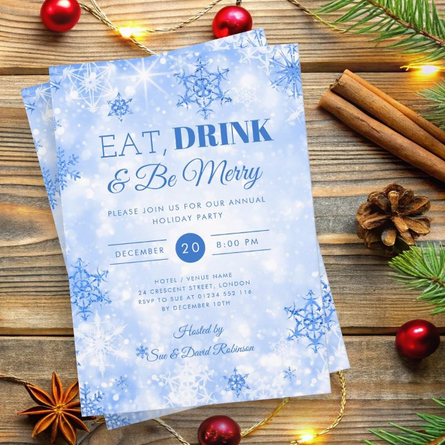Invitación Navidades de vacaciones azules de la marina de inv (Winter "Eat & Drink" Navy Blue Holiday Christmas Invitation)