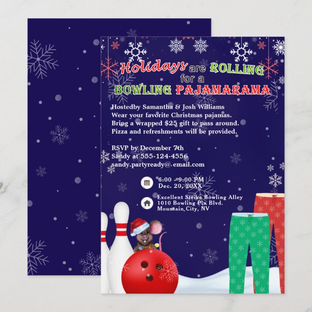 Invitación Navidades de vacaciones bailando el boliche Pajama (Anverso / Reverso)