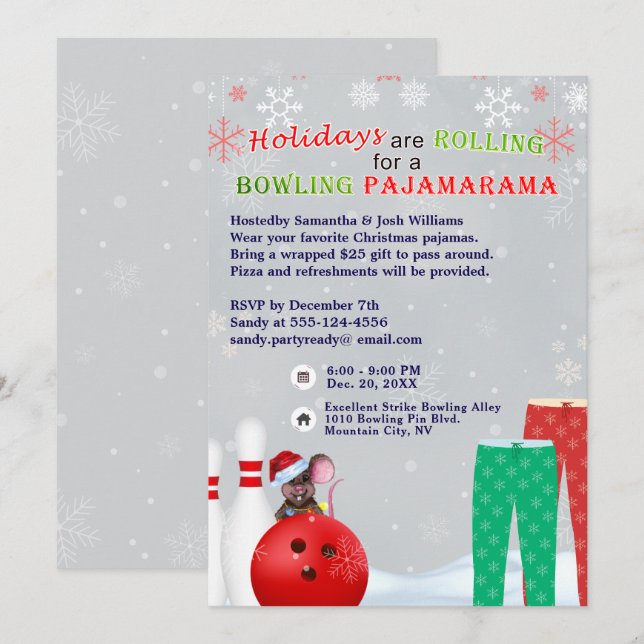 Invitación Navidades de vacaciones Bowling Pajama Pizza Fiest (Anverso / Reverso)