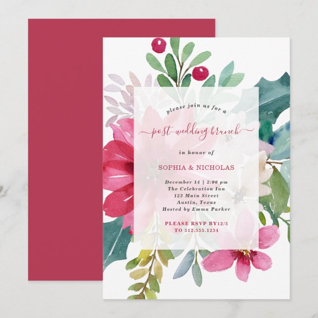 Invitación Navidades de vacaciones de Brunch post-Boda | Flor (Anverso / Reverso)