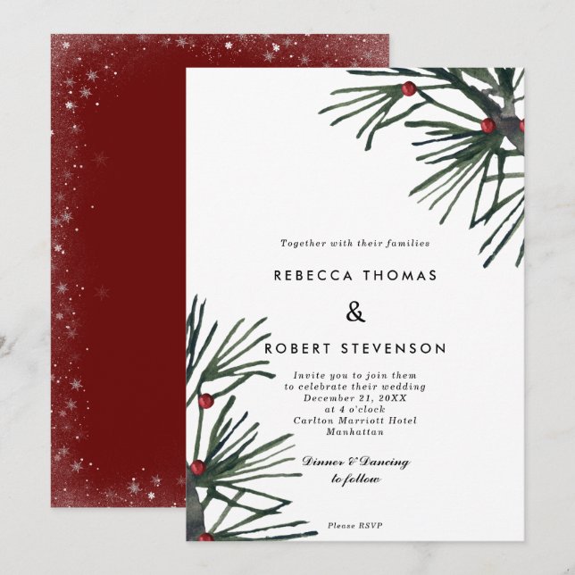 Invitación navidades de vacaciones de invierno boda de pino (Anverso / Reverso)