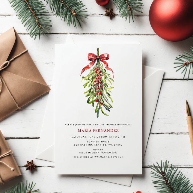 Invitación Navidades de vacaciones de invierno de Mistletoe d (Mistletoe Winter Holidays Christmas Bridal Shower Invitation)