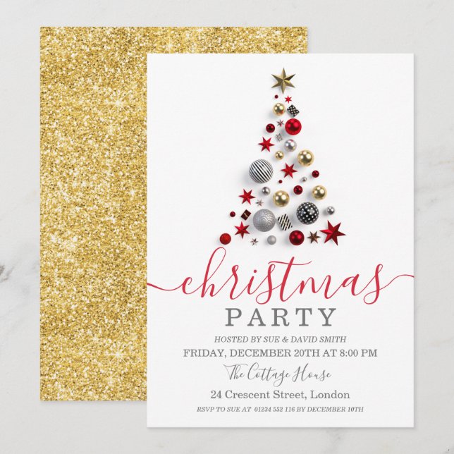 Invitación Navidades de vacaciones de oro rojo bauble en árbo (Anverso / Reverso)