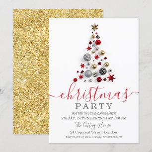 Invitación Navidades de vacaciones de oro rojo bauble en árbo